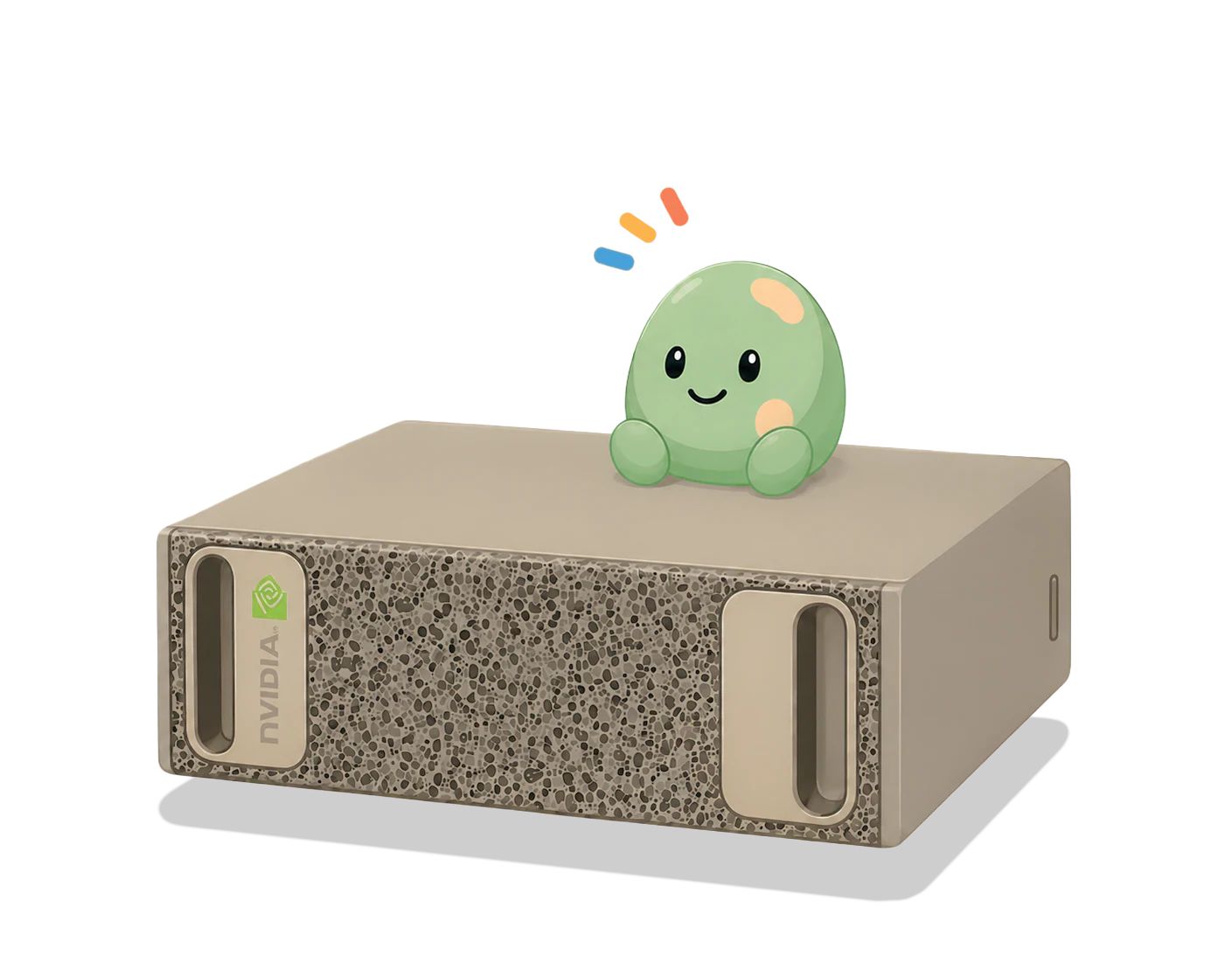 Yonnie mascot sitting on a local private AI device for business teams