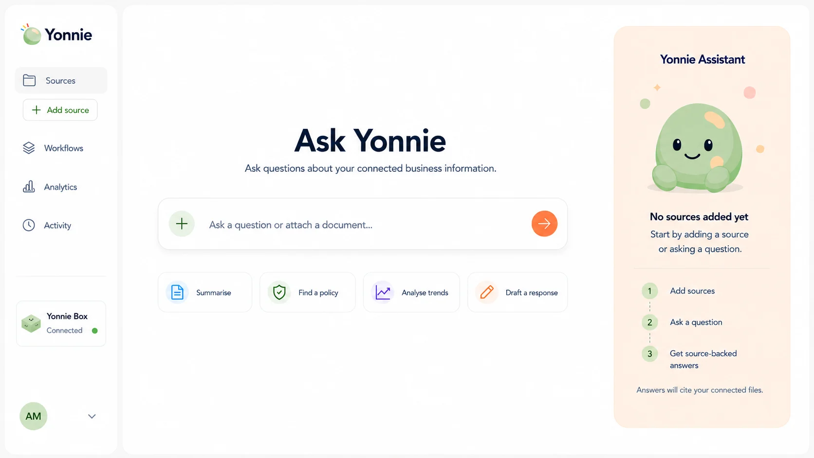 The Yonnie private AI interface showing a plain English question box and connected business sources